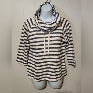 Chaps Denim Cowl Neck Sweatshirt Size Small Nautical Stripe Blue 3/4 Sleeve B174
